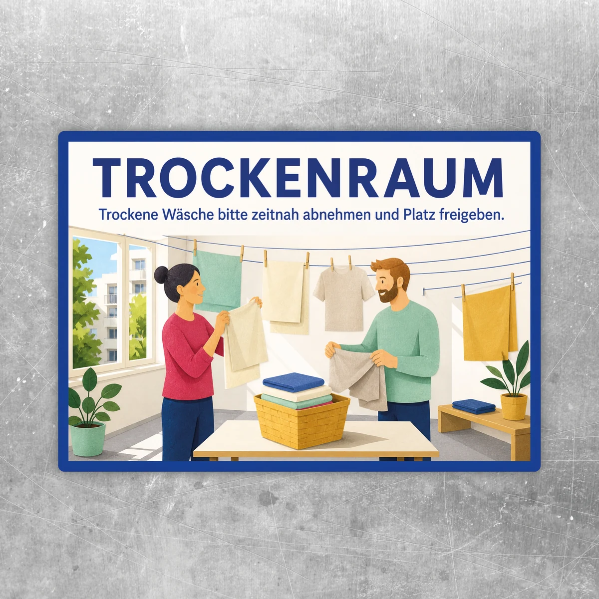 Trockenraum Aufkleber mit blauem Kopf, Wäscheleinen und Hinweis, trockene Wäsche zeitnah abzunehmen.