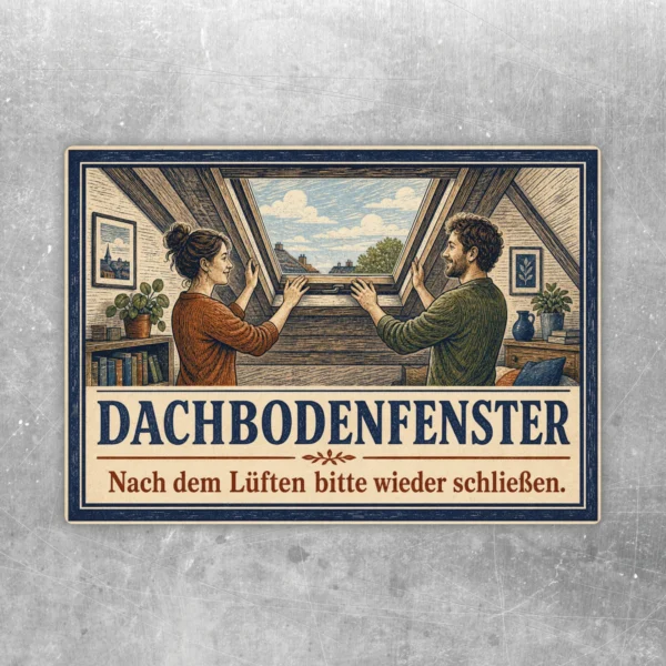 Dachbodenfenster Aufkleber mit nostalgischer Illustration und Text Nach dem Lüften bitte wieder schließen.