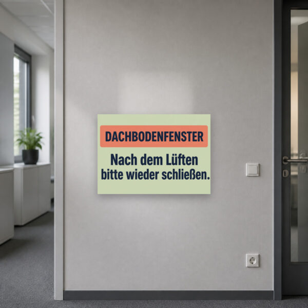 KI-generiertes Anwendungsbeispiel: Dachbodenfenster Schild „Nach dem Lüften bitte wieder schließen“ an heller Ziegelwand.