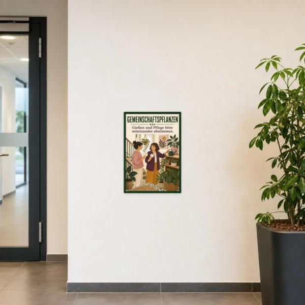 KI-generiertes Anwendungsbeispiel: Gemeinschaftspflanzen Aufkleber an grauer Fläche mit Pflanzenpflege-Hinweis.
