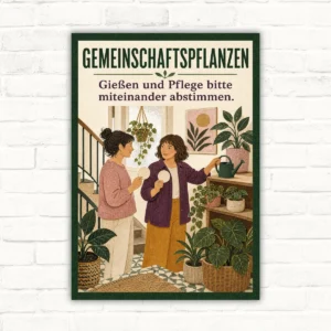 Gemeinschaftspflanzen Schild mit Text „Gießen und Pflege bitte miteinander abstimmen“ und Illustration zweier Personen mit Pflanzen.