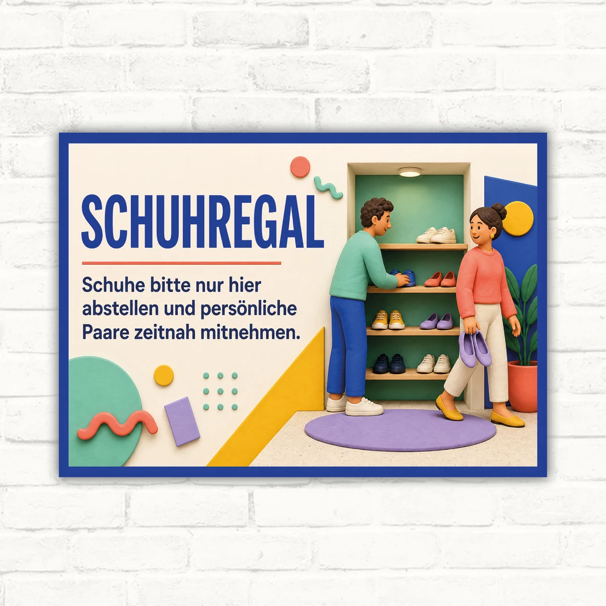 Schuhregal Schild mit Text „Schuhe bitte nur hier abstellen und persönliche Paare zeitnah mitnehmen“ im Querformat.