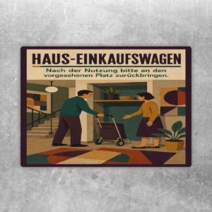 Haus-Einkaufswagen Aufkleber mit Rückgabehinweis, warmer Illustration im Hausflur und Text zum Zurückbringen.