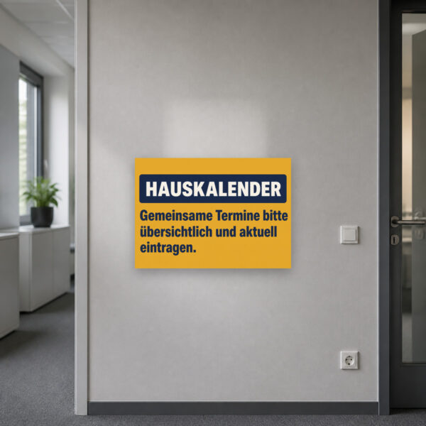 KI-generiertes Anwendungsbeispiel: Hauskalender Schild mit Personen beim Eintragen gemeinsamer Termine an der Wand.