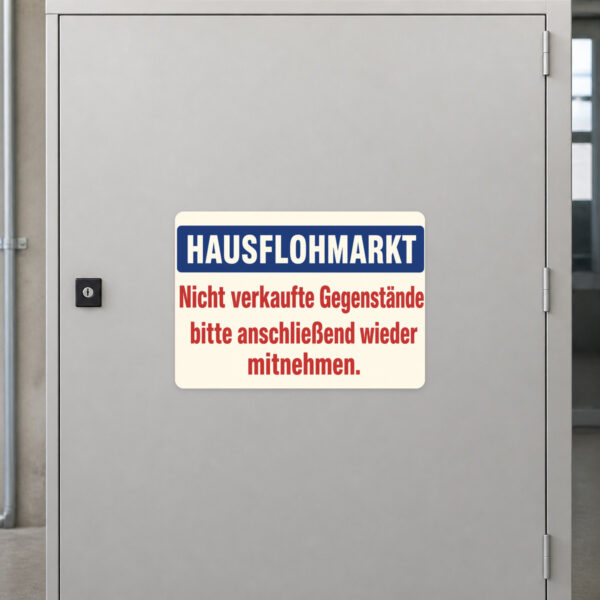 KI-generiertes Anwendungsbeispiel: Hausflohmarkt Aufkleber mit blauem Rahmen, Marktszene und Mitnahmehinweis.