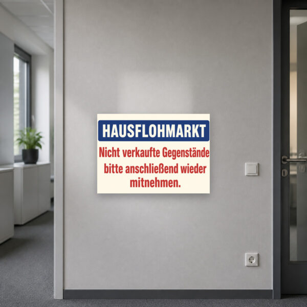 KI-generiertes Anwendungsbeispiel: Hausflohmarkt Schild mit Mitnahmehinweis an weißer Ziegelwand im Querformat.