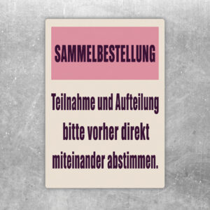 Sammelbestellung Aufkleber mit violettem Rahmen, Gruppenmotiv und Hinweis zur vorherigen Teilnahme- und Aufteilungsabsprache.