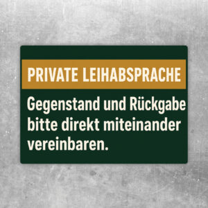 Aufkleber private Leihabsprache mit zwei Personen, cremefarbenem Hintergrund und dunkelblauem Hinweistext zur Rückgabe.