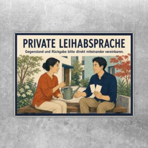 Aufkleber private Leihabsprache mit zwei Personen, cremefarbenem Hintergrund und dunkelblauem Hinweistext zur Rückgabe.