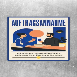 Auftragsannahme Aufkleber mit Illustration am Tresen und Hinweis zur persönlichen Zuordnung mitgebrachter Gegenstände.