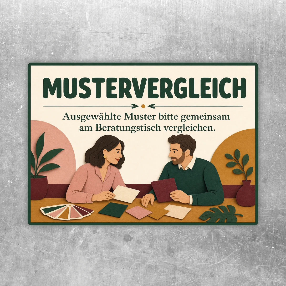 Aufkleber Mustervergleich mit Beratungsszene, Musterkarten und Hinweistext für den gemeinsamen Vergleich am Beratungstisch.
