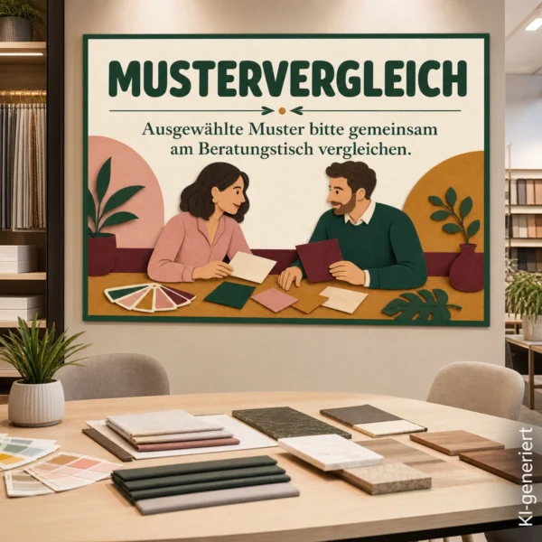 KI-generiertes Anwendungsbeispiel: Aufkleber Mustervergleich mit illustrierter Kundenberatung und Musterkarten am Tisch.
