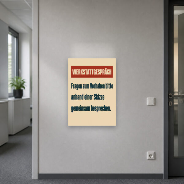 KI-generiertes Anwendungsbeispiel: Werkstattgespräch Schild mit Beratungsszene und Hinweis zum Besprechen per Skizze.