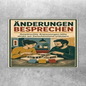 Änderungen besprechen Aufkleber im Retro-Stil mit zwei Personen am Modell und Hinweis zu Anpassungen am Zwischenstand.