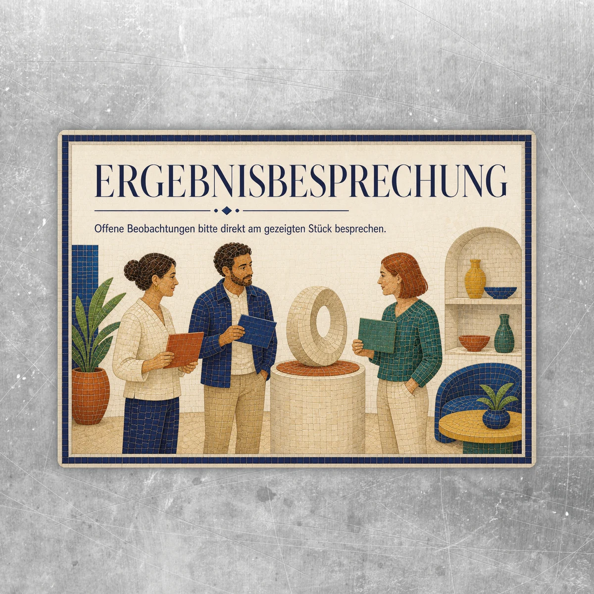 Aufkleber Ergebnisbesprechung im Querformat mit Teamillustration und Hinweis zu offenen Beobachtungen am Stück.