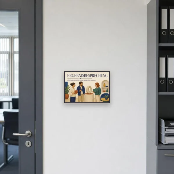 KI-generiertes Anwendungsbeispiel: Schild „ERGEBNISBESPRECHUNG“ mit Meeting-Szene für Büro- und Besprechungsräume.