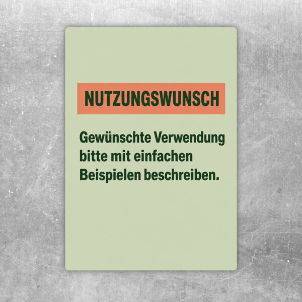 Nutzungswunsch Aufkleber mit illustrierten Personen und Hinweis, gewünschte Verwendung mit Beispielen zu beschreiben.