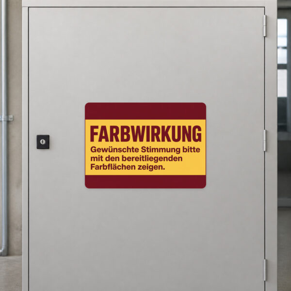 KI-generiertes Anwendungsbeispiel: Farbwirkung Aufkleber auf grauem Hintergrund mit bunten Farbflächen und Beratungsszene.