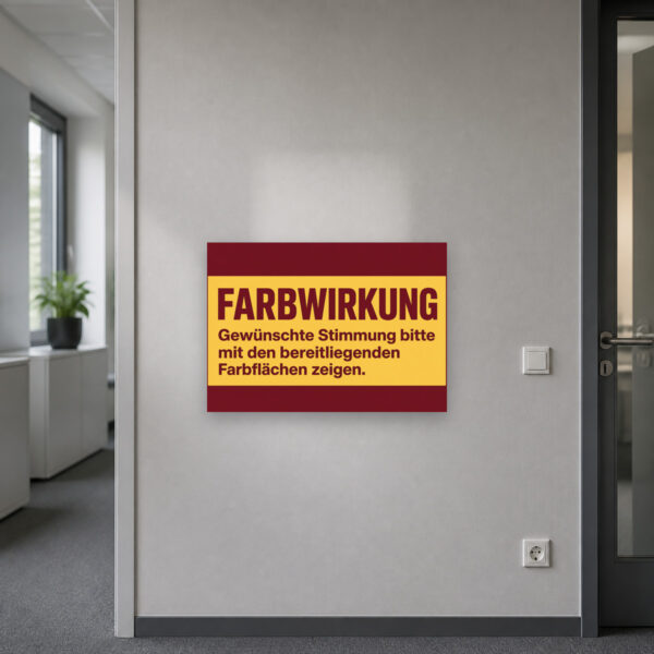 KI-generiertes Anwendungsbeispiel: Farbwirkung Schild mit Personen und farbigen Flächen für Workshop oder Atelier.