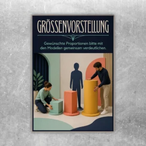 Aufkleber Größenvorstellung mit Modellen, farbigen Zylindern und Hinweis zur Verdeutlichung von Proportionen.