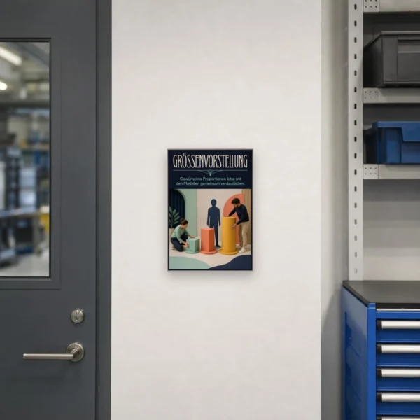 KI-generiertes Anwendungsbeispiel: Schild „Grössenvorstellung“ mit Modellen und Objekten zur Verdeutlichung von Proportionen.