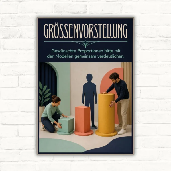 Hinweisschild mit Text „Grössenvorstellung“ und Szene, in der Personen Proportionen mit Modellen verdeutlichen.