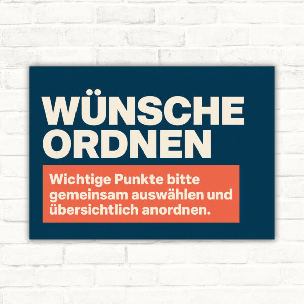 Hinweisschild mit Wortlaut „Wünsche ordnen“ und Illustration dreier Personen beim gemeinsamen Auswählen wichtiger Punkte.