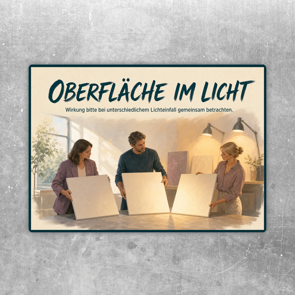 Oberfläche im Licht Aufkleber im Querformat mit Musterplatten und Hinweis zur gemeinsamen Betrachtung bei Lichteinfall.