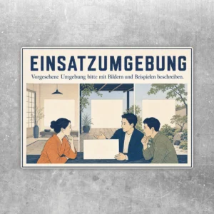 Einsatzumgebung Aufkleber im Querformat mit illustrativer Besprechungsszene und Hinweis zu Bildern und Beispielen.