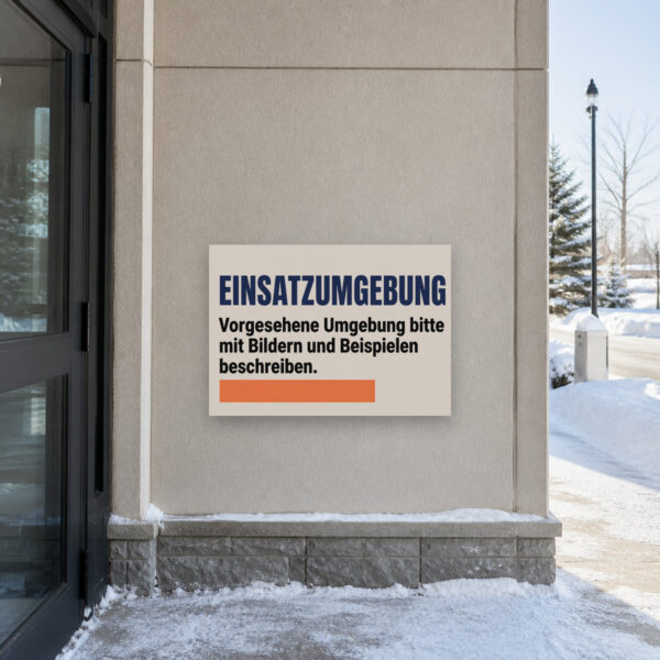 KI-generiertes Anwendungsbeispiel: Einsatzumgebung Schild mit Workshop-Szene und Hinweis zum Beschreiben mit Bildern.
