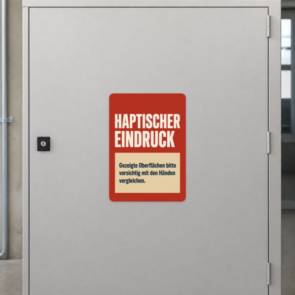 KI-generiertes Anwendungsbeispiel: Haptischer Eindruck Aufkleber auf grauem Untergrund für Oberflächenvergleiche.