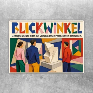 Blickwinkel Aufkleber im Querformat mit farbiger Ausstellungsszene und Hinweis zum Betrachten aus mehreren Perspektiven.