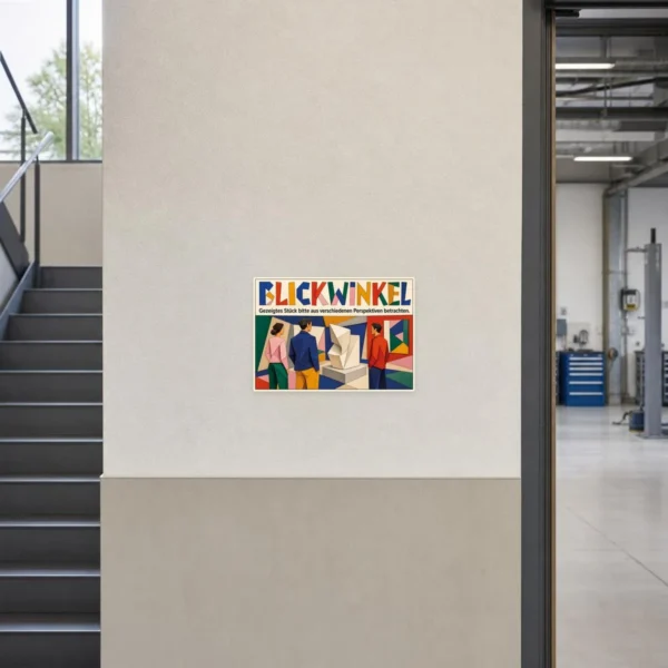 KI-generiertes Anwendungsbeispiel: Blickwinkel Aufkleber auf grauer Fläche mit Kunstmotiv und Hinweis zum Perspektivwechsel.