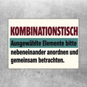 Kombinationstisch Aufkleber mit Personen am Tisch, die farbige Elemente nebeneinander anordnen und betrachten.