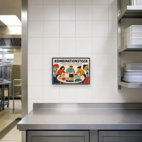 KI-generiertes Anwendungsbeispiel: Kombinationstisch Schild mit illustrativer Tischszene für Kreativraum, Workshop oder Atelier.