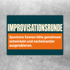 Querformatiger Improvisationsrunde Aufkleber mit tanzenden Figuren, roter Überschrift und bunten Formen für Jugendräume.
