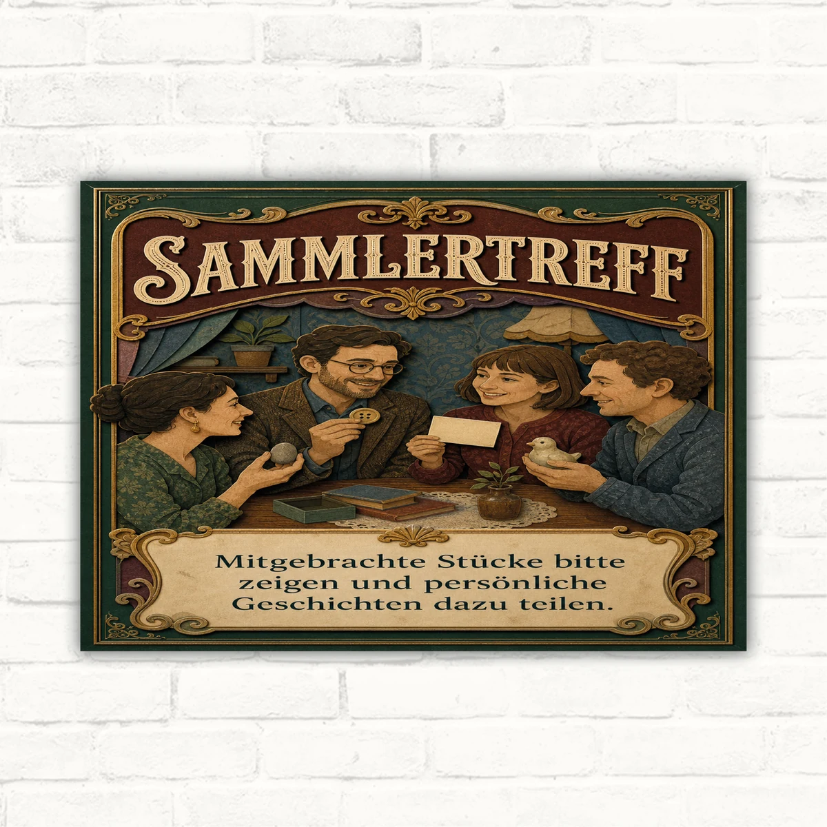 Sammlertreff Schild mit Text „Mitgebrachte Stücke bitte zeigen und persönliche Geschichten dazu teilen“ im Vintage-Stil.
