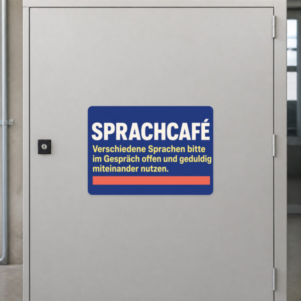 KI-generiertes Anwendungsbeispiel: Sprachcafé Aufkleber auf grauem Untergrund mit bunter Gesprächsrunde und Text.