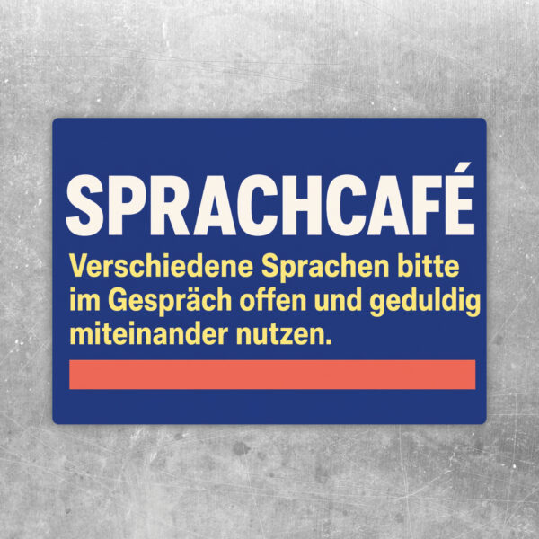 Sprachcafé Aufkleber mit mehrsprachiger Gesprächsrunde, bunten Sprechblasen und Hinweis zu offenem Austausch.