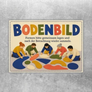 Aufkleber Bodenbild mit Kindern beim Formenlegen, buntem Schriftzug und Hinweis zum gemeinsamen Sammeln.