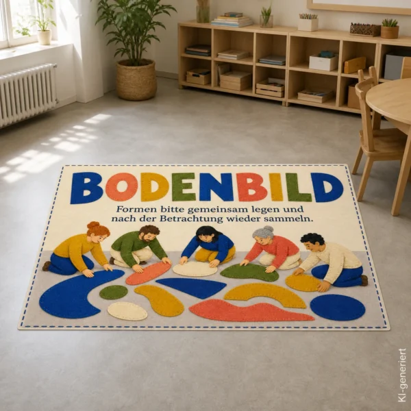 KI-generiertes Anwendungsbeispiel: Bodenbild Schild mit Kindern und bunten Formen als Hinweis für Gruppenraum oder Kita.