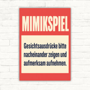 Mimikspiel Schild mit Text „Gesichtsausdrücke bitte nacheinander zeigen und aufmerksam aufnehmen“ und Gruppenszene.