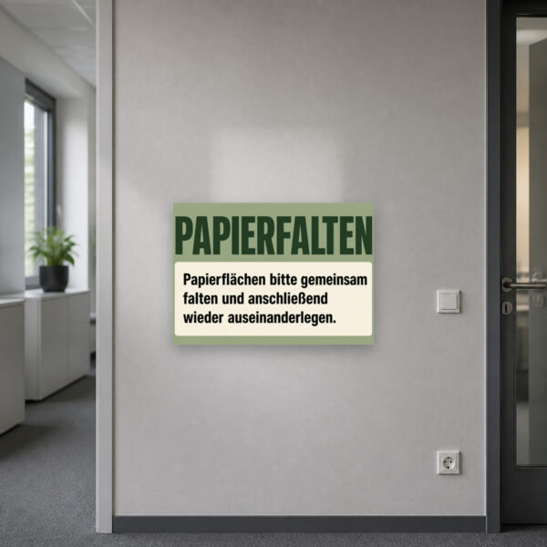 KI-generiertes Anwendungsbeispiel: Papierfalten Schild als Produktschild im Kreativraum mit klarer Faltanweisung.