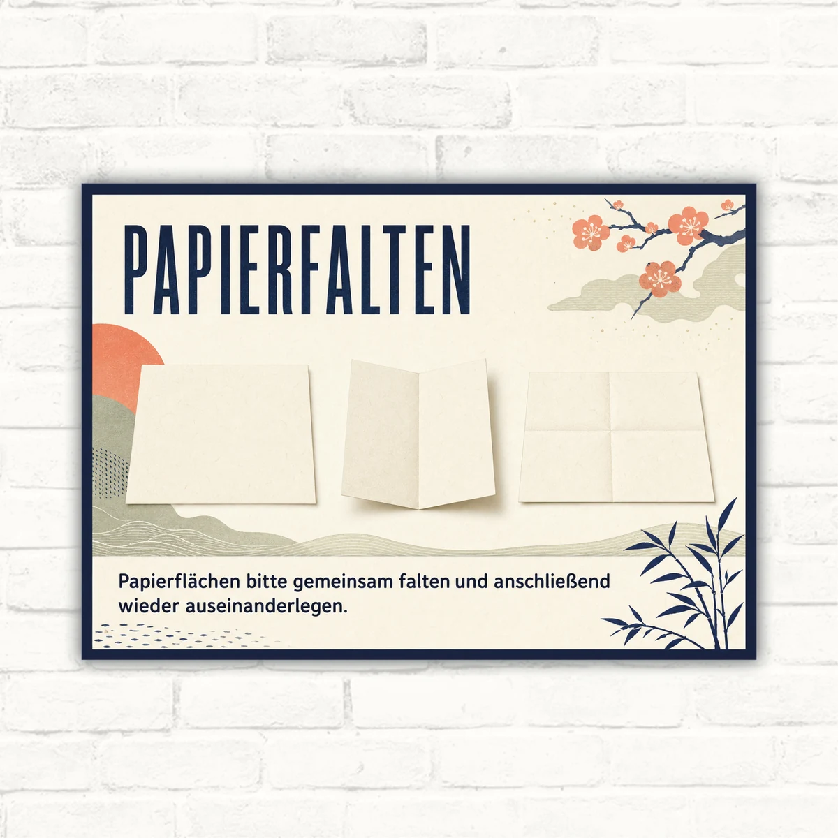 Papierfalten Schild – Papierflächen gemeinsam falten und auseinanderlegen mit gut lesbarem Motiv und klarer Beschriftung als bedrucktes Schild aus Aluminium-Verbundplatte.