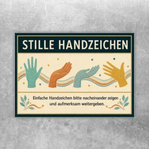 Stille Handzeichen Aufkleber im Querformat mit bunten Händen und Hinweistext für Kita, Schule und Gruppenraum.