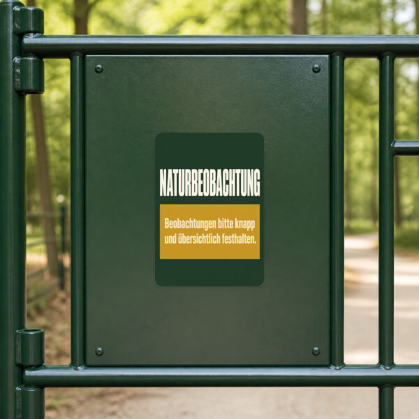 KI-generiertes Anwendungsbeispiel: Naturbeobachtung Aufkleber in Grün mit Notizbuch, Stift, Blatt und gelbem Hinweistext.