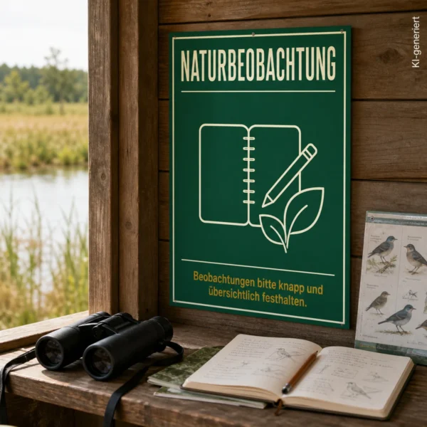 KI-generiertes Anwendungsbeispiel: Naturbeobachtung Aufkleber in Grün mit Notizbuch, Stift, Blatt und gelbem Hinweistext.