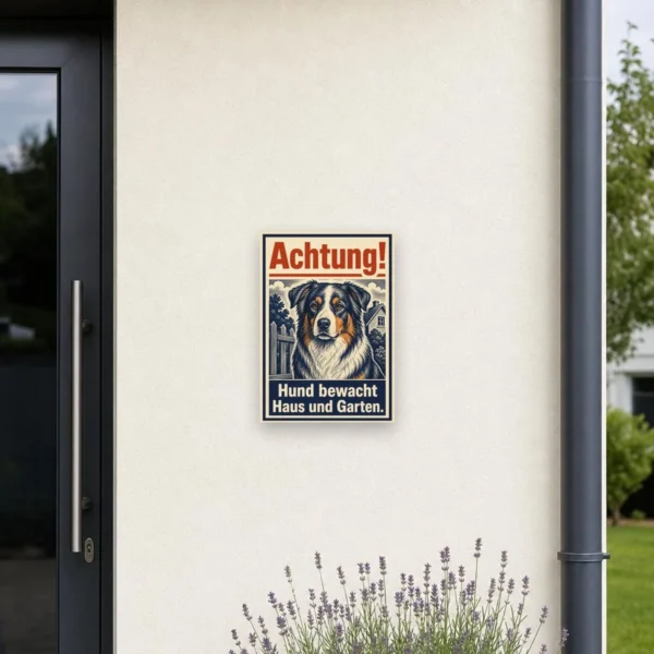 KI-generiertes Anwendungsbeispiel: Australian-Shepherd-Hundeschild „Achtung! Hund bewacht Haus und Garten.“ an Wand.