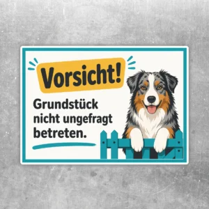 Aufkleber mit Australian Shepherd am Zaun und Text Vorsicht Grundstück nicht ungefragt betreten in Türkis und Gelb.