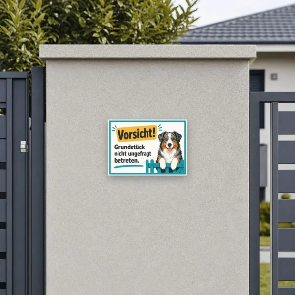 KI-generiertes Anwendungsbeispiel: Australian-Shepherd-Hundeschild „Grundstück nicht ungefragt betreten“ am Eingang.